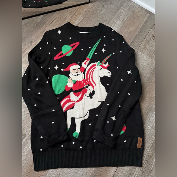 TIPSY ELVES SANTA UNICORN UGLY CHRISTMAS SWEATER BLACK RED GREEN SIZE L XL - Picture 5 of 9